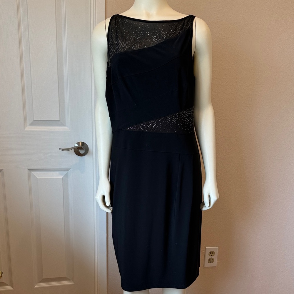 Anne Klein Black Sleeveless Sheath Evening Dress with Sparkle Mesh on top.